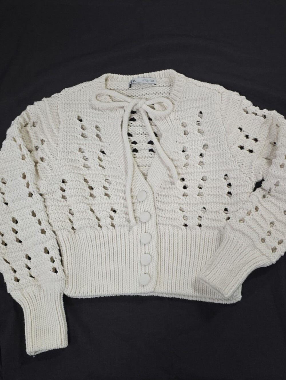 Zara Cream Open-Knit Button Cardigan with Tie